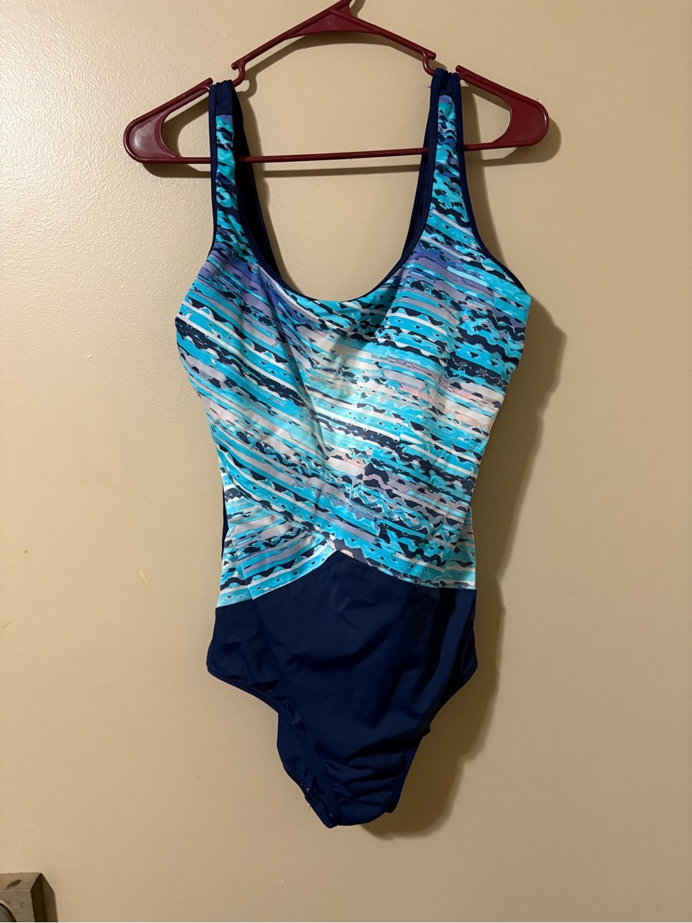 One-Piece Lands End Swimsuit in Aqua Wave Print